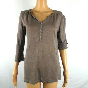 Gerard Darel Linen Taupe Brown Henley Pullover Long Tab  Sleeve Blouse Top 1